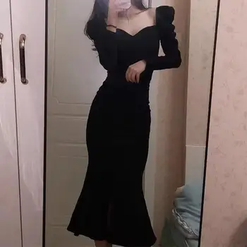 2023 Пролетта ново черна рокля, секси рокля с квадратна яка, секси елегантна рокля в ретро стил, с висока талия, вечерна рокля-русалка с дълъг ръкав, Vestidos