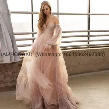 Розови сватбени рокли, плажни рокли в стил бохо с пищни ръкави, расшитое мъниста сватбена рокля на принцеса с открити рамене, Елегантни сватбени рокли голям размер