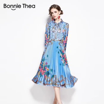 Miyake, ново есен плиссированное дълга рокля, дамски рокли в стил мозайка с лък и дантела, реколта вечерни рокли с принтом lady blue, Vestidos 2023