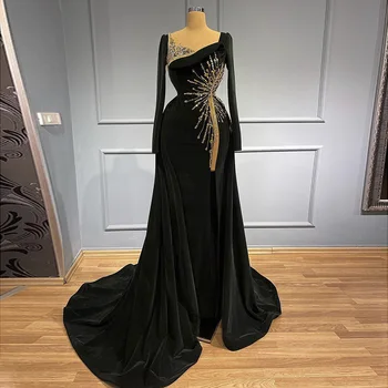 Sharon Said Луксозни вечерни рокли от черно кадифе в Дубай с горната пола и дълъг ръкав, вечерна рокля за сватбата SS533