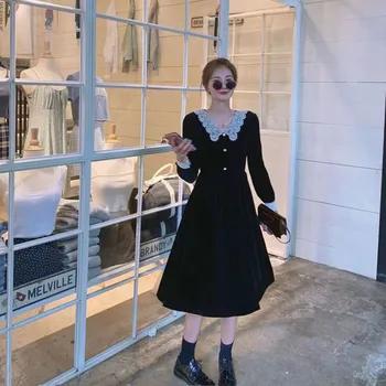 Винтажное бархатное Рокля, секси черно дантелено рокля Y2k с дълъг ръкав, корейското Модерен Елегантен хубава рокля за парти, Есен 2023, ретро