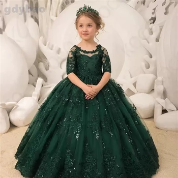 Тъмно-зелени рокли принцеса с цветя модел за момичета, къси ръкави, лейси апликация от мъниста, тюлевые елегантни рокли за рожден Ден с лък