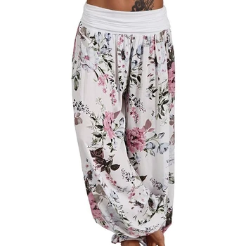 Летни дамски ежедневни панталони в индийски стил с цветен модел, широки, удобни, дълго зреещи с висока талия, Нови панталони голям размер