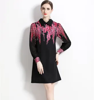 Висококачествено женствена Рокля с ревера и цветни принтом 2023, Ново Модерно лятно черна рокля с дълъг ръкав, дамски офис рокли трапецовидна форма със свободна талия