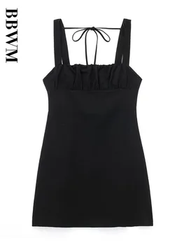 Черна Рокля, женски ленено кратко дебнещ рокля, дамски секси мини рокля с отворен гръб за жени 2023, Лятно луксозно секси вечерна рокля