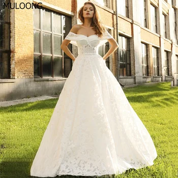MULOONG, елегантна бяла сватбена рокля трапецовидна форма с открити рамене и апликации, рокля на пода със стреловидным влак, Ново