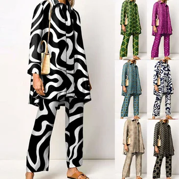 Пижамный костюм с принтом, Риза и панталони, пижами от 2 теми, дамски домашни дрехи, модни градинска дрехи, широки панталони, женски модерен украшение