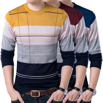 Есен-зима, нов модерен вълнен пуловер, мъжка тениска с кръгло деколте и тънка цепка, модерен случайни пуловер райе