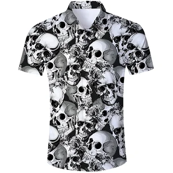2023 Лятна мъжки хавайска риза с 3D принтом на черепа, индивидуална облекло за роли, дишаща свободна риза в голям размер, с къси ръкави
